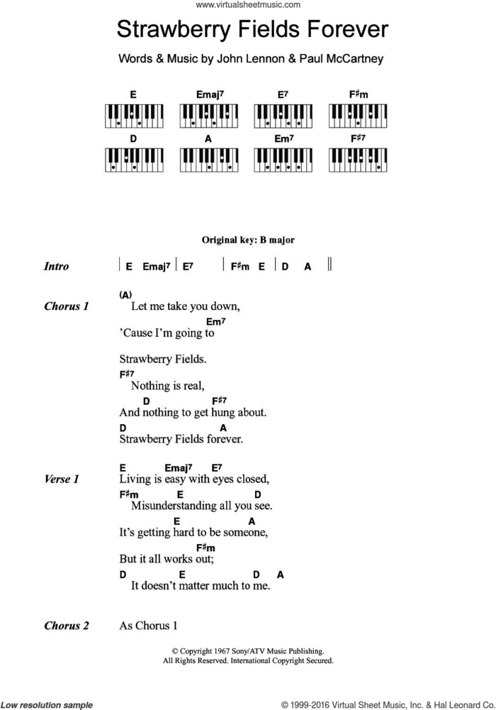 Strawberry Fields Forever sheet music for piano solo (chords, lyrics, melody) by The Beatles, John Lennon and Paul McCartney, intermediate piano (chords, lyrics, melody)