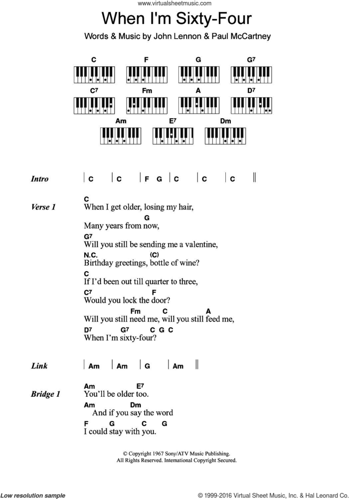 When I'm Sixty-Four sheet music for piano solo (chords, lyrics, melody) by The Beatles, Paul McCartney and John Lennon, intermediate piano (chords, lyrics, melody)