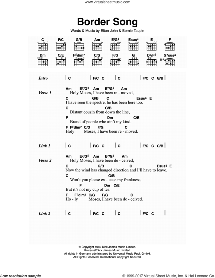 Border Song sheet music for guitar (chords) by Elton John and Bernie Taupin, intermediate skill level