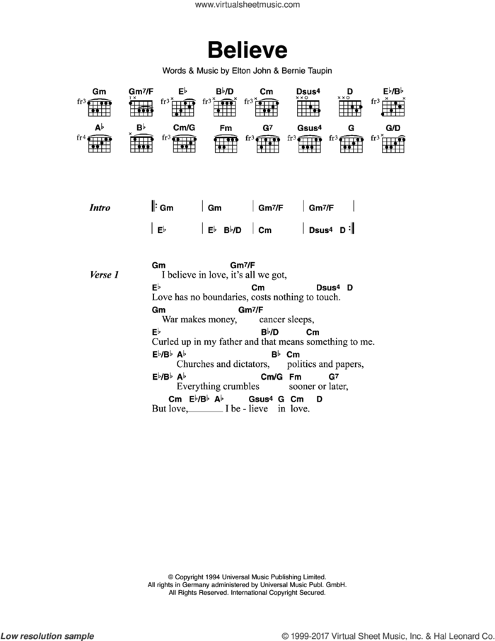 Believe sheet music for guitar (chords) by Elton John and Bernie Taupin, intermediate skill level