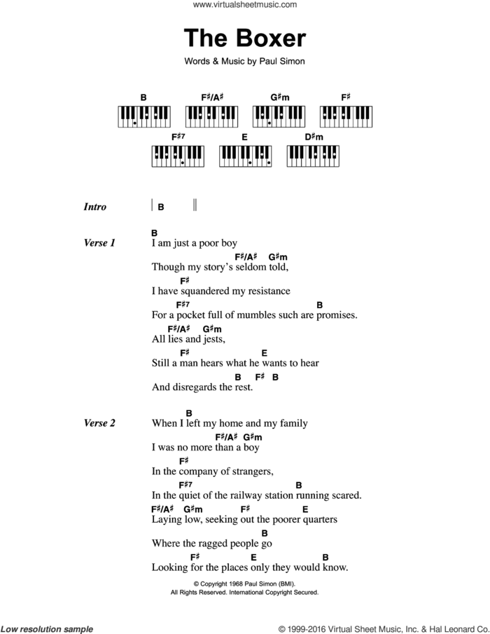 The Boxer sheet music for piano solo (chords, lyrics, melody) by Simon & Garfunkel and Paul Simon, intermediate piano (chords, lyrics, melody)