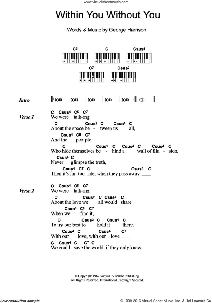 Within You Without You sheet music for piano solo (chords, lyrics, melody) by The Beatles and George Harrison, intermediate piano (chords, lyrics, melody)