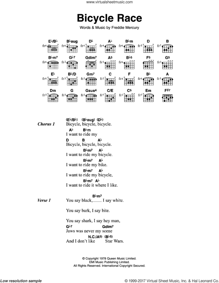 Bicycle Race sheet music for guitar (chords) by Queen and Freddie Mercury, intermediate skill level