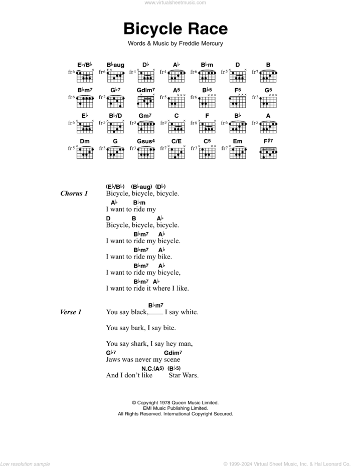 Bicycle Race sheet music for guitar (chords) by Queen and Freddie Mercury, intermediate skill level