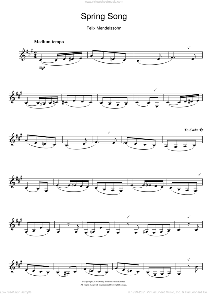 Spring Song, from Songs Without Words, Op.62 sheet music for clarinet solo by Felix Mendelssohn-Bartholdy, classical score, intermediate skill level