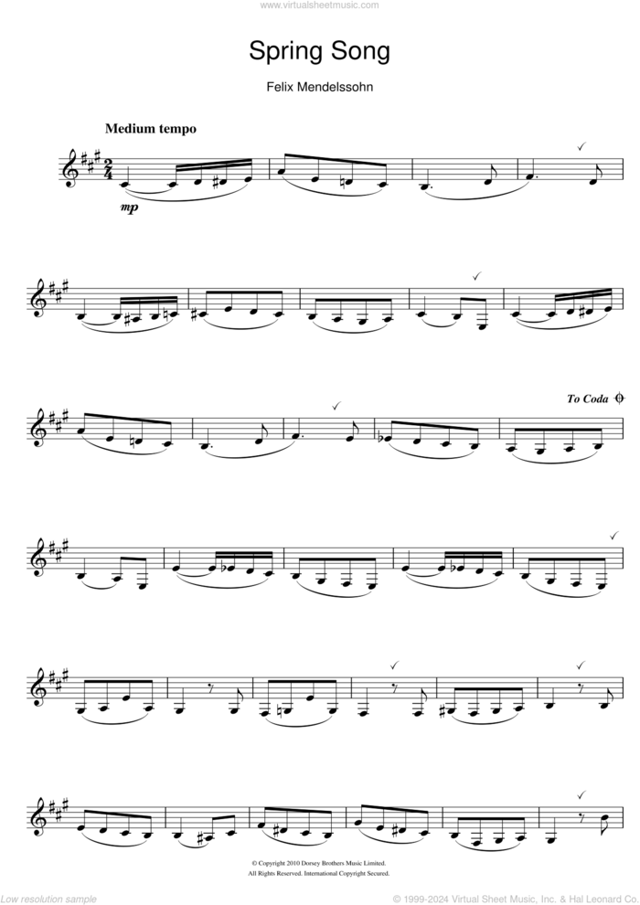 Spring Song, from Songs Without Words, Op.62 sheet music for clarinet solo by Felix Mendelssohn-Bartholdy, classical score, intermediate skill level