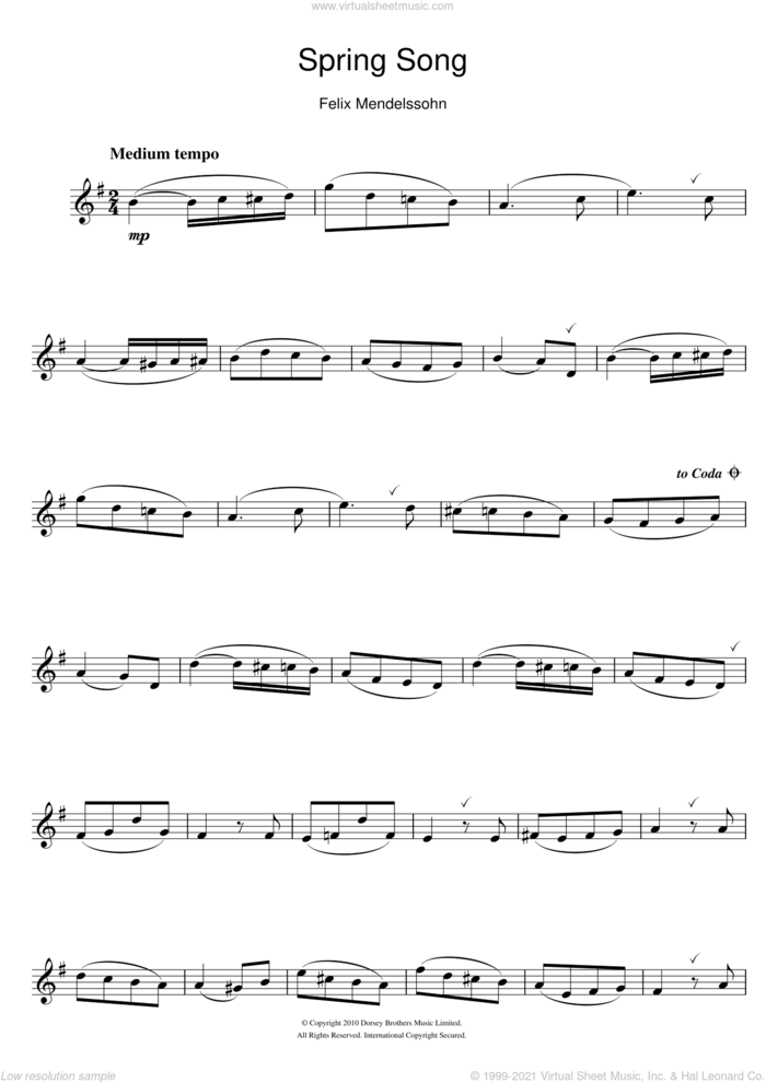 Spring Song, from Songs Without Words, Op.62 sheet music for flute solo by Felix Mendelssohn-Bartholdy, classical score, intermediate skill level