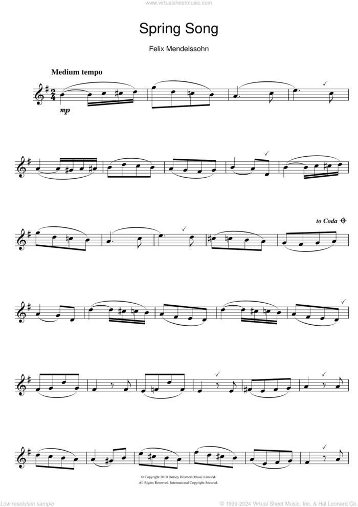 Spring Song, from Songs Without Words, Op.62 sheet music for flute solo by Felix Mendelssohn-Bartholdy, classical score, intermediate skill level