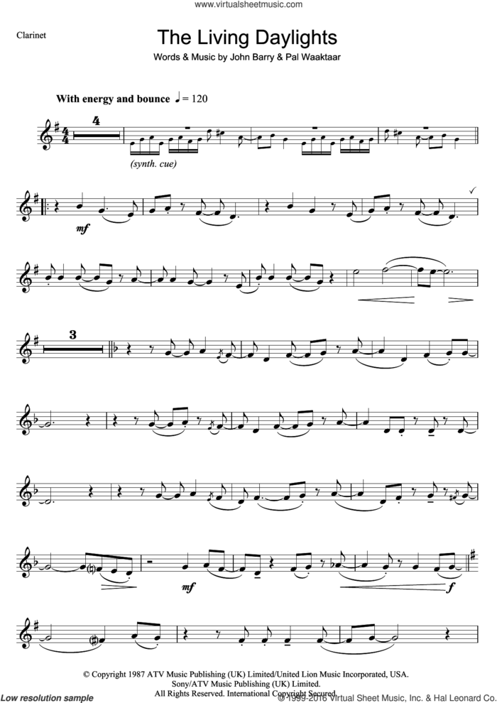 The Living Daylights sheet music for clarinet solo by a-ha, John Barry and Pal Waaktaar, intermediate skill level