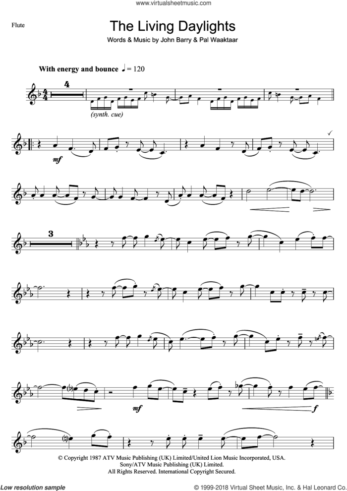The Living Daylights sheet music for flute solo by a-ha, John Barry and Pal Waaktaar, intermediate skill level