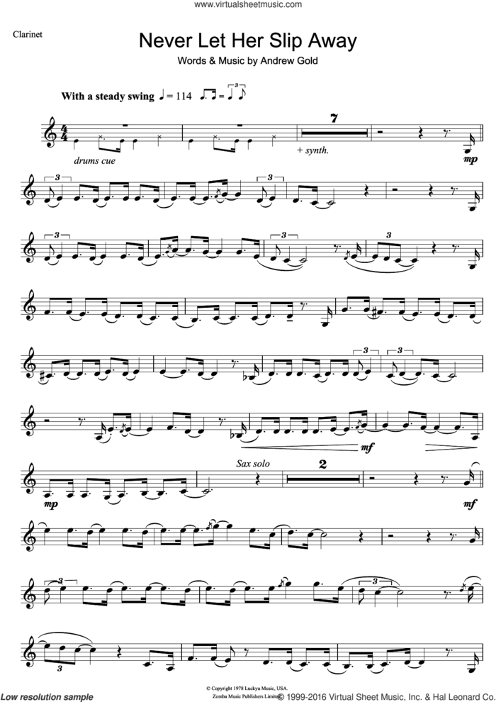 Never Let Her Slip Away sheet music for clarinet solo by Andrew Gold, intermediate skill level