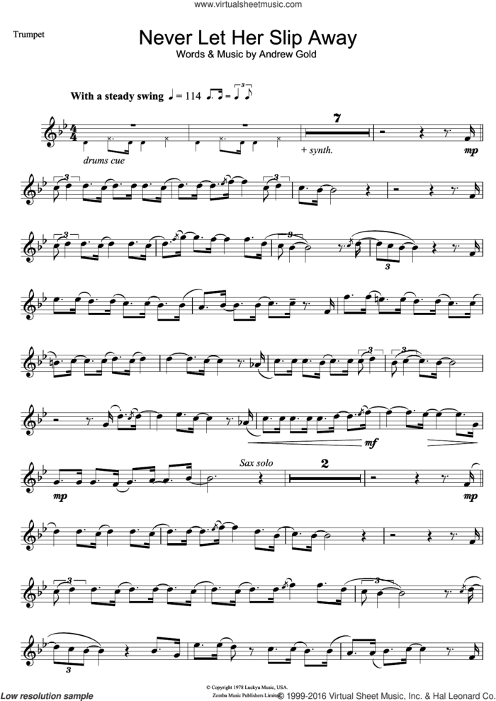 Never Let Her Slip Away sheet music for trumpet solo by Andrew Gold, intermediate skill level