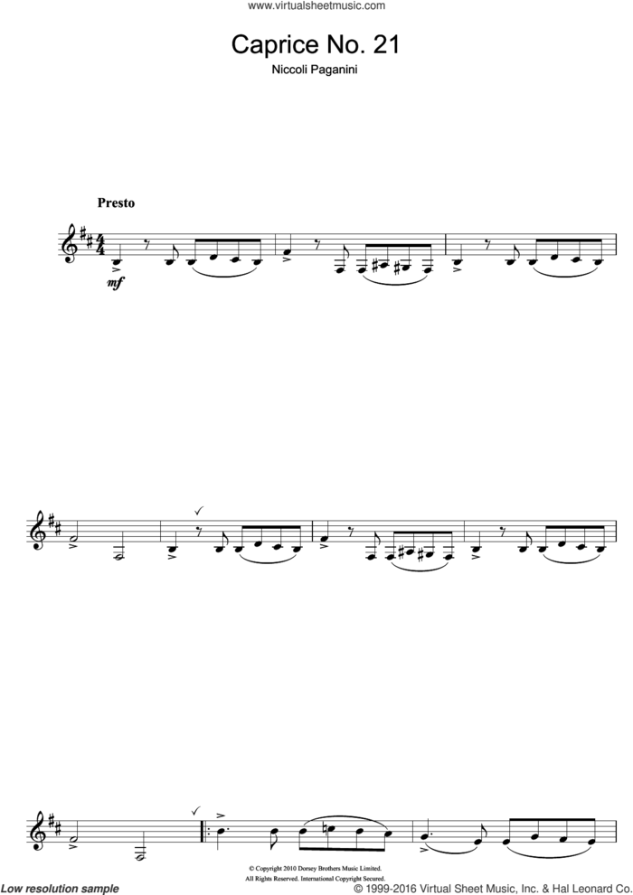 Caprice No. 21 sheet music for clarinet solo by Nicolo Paganini, classical score, intermediate skill level