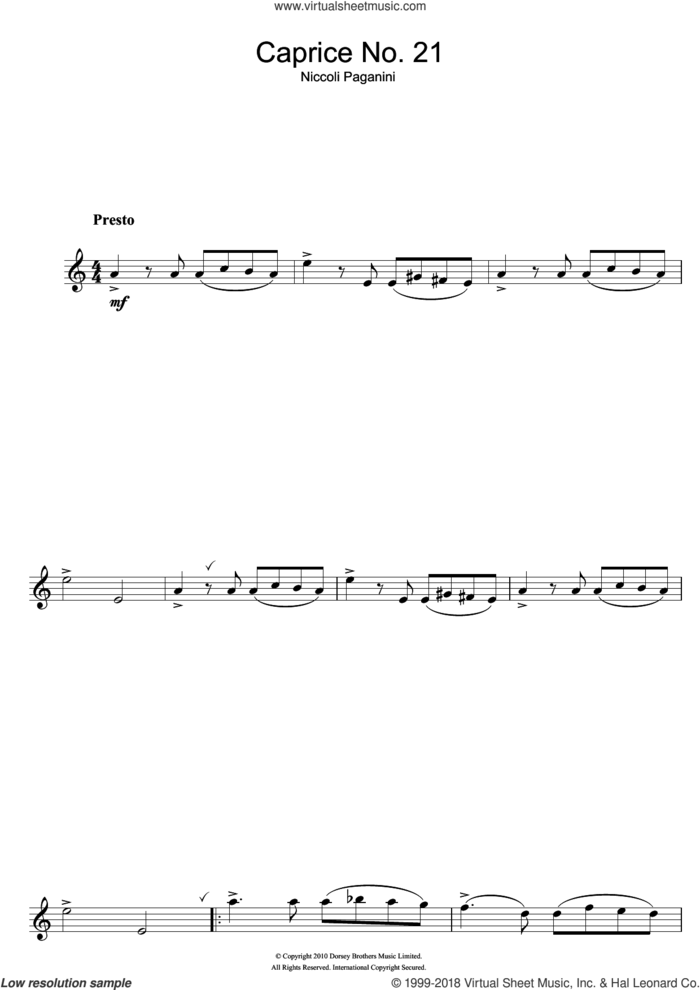 Caprice No. 21 sheet music for flute solo by Nicolo Paganini, classical score, intermediate skill level