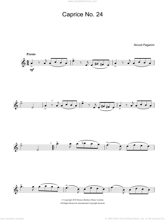 Caprice No. 24 sheet music for flute solo by Nicolo Paganini, classical score, intermediate skill level