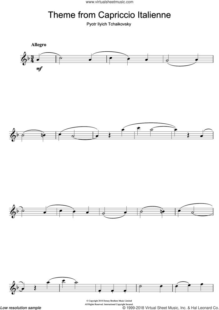 Capriccio Italienne sheet music for flute solo by Pyotr Ilyich Tchaikovsky, classical score, intermediate skill level