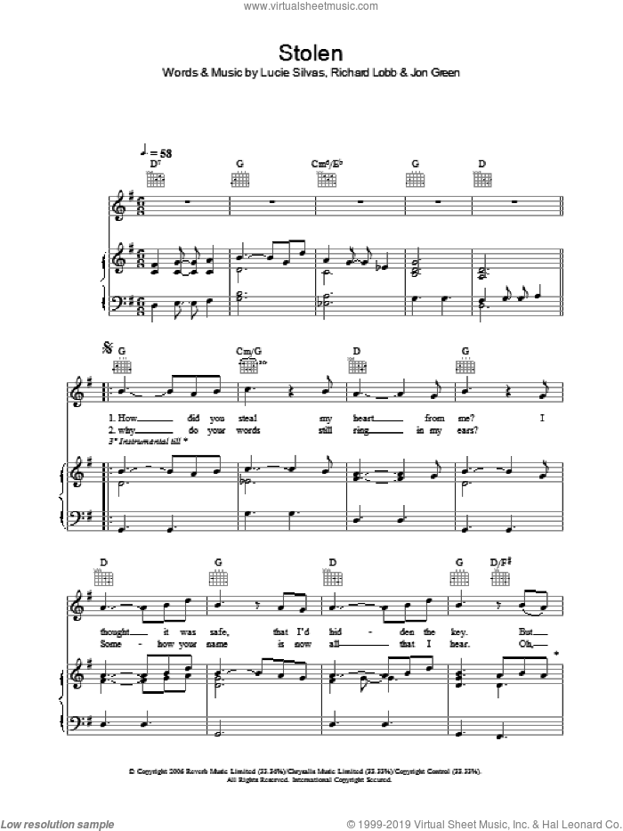 Stolen sheet music for voice, piano or guitar by Lucie Silvas, Johnny Green and Richard Lobb, intermediate skill level