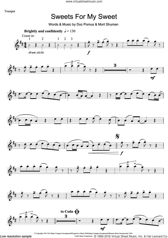 Sweets For My Sweet sheet music for trumpet solo by The Searchers, Doc Pomus and Mort Shuman, intermediate skill level