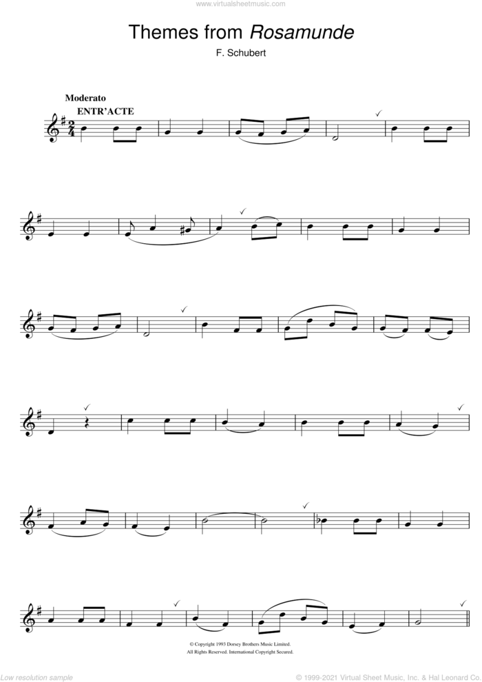 Rosamunde Overture sheet music for flute solo by Franz Schubert, classical score, intermediate skill level