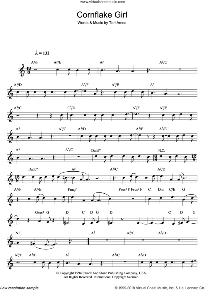 Cornflake Girl sheet music for flute solo by Tori Amos, intermediate skill level