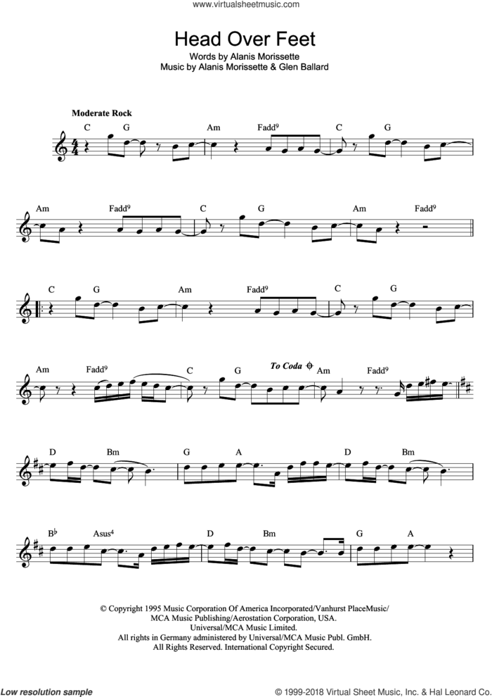 Head Over Feet sheet music for flute solo by Alanis Morissette and Glen Ballard, intermediate skill level