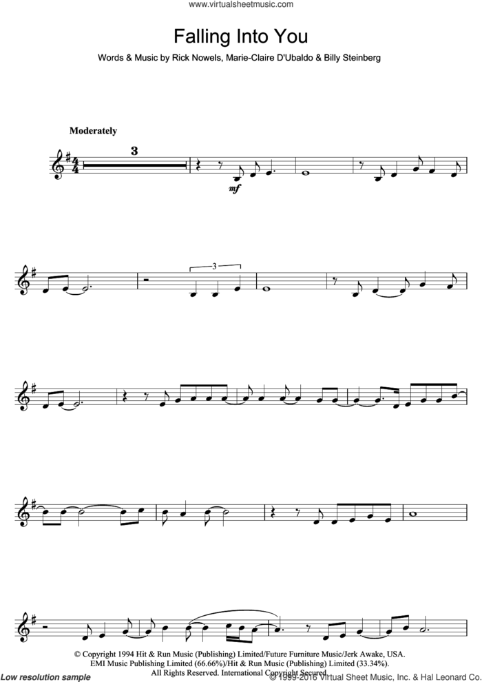 Falling Into You sheet music for clarinet solo by Celine Dion, Billy Steinberg and Rick Nowels, intermediate skill level