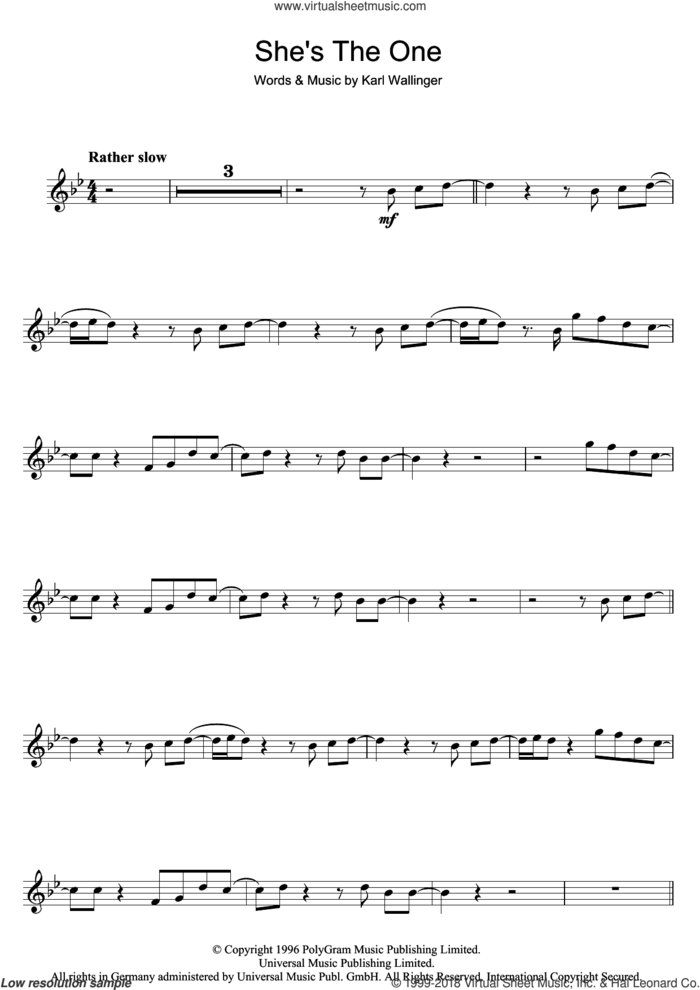 She's The One sheet music for flute solo by Robbie Williams and Karl Wallinger, intermediate skill level