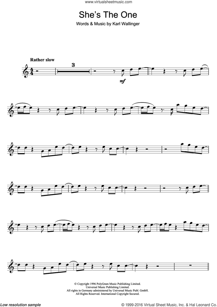 She's The One sheet music for trumpet solo by Robbie Williams and Karl Wallinger, intermediate skill level