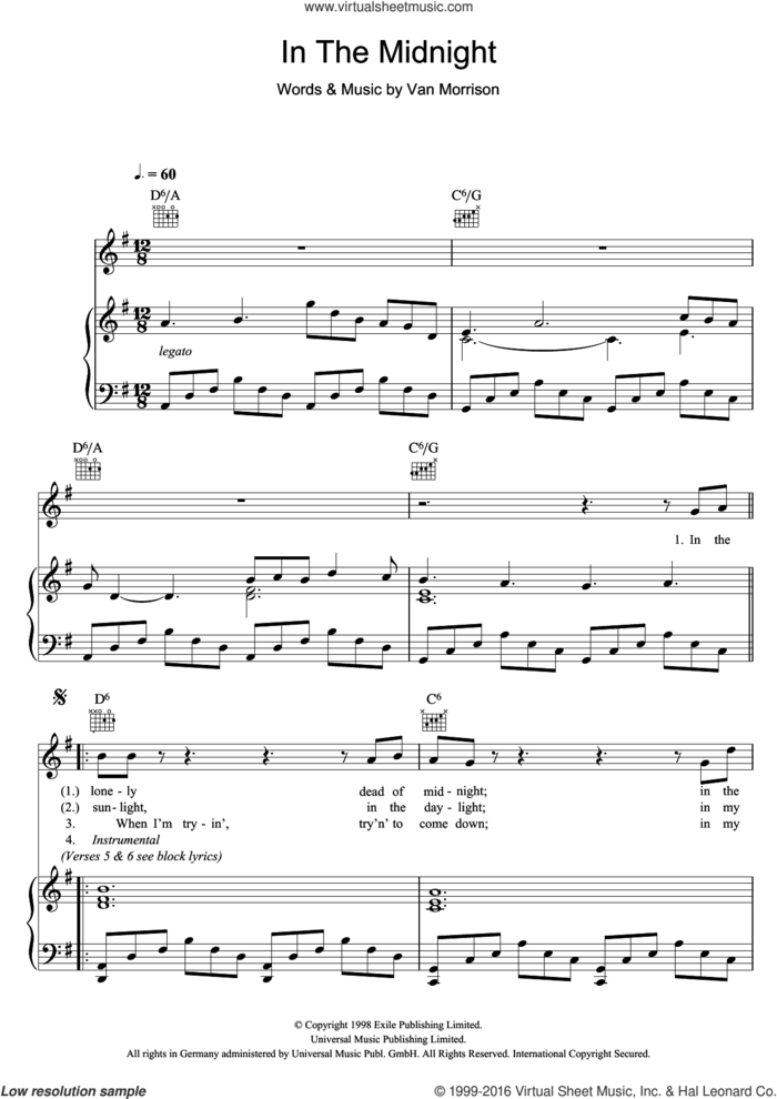 In The Midnight sheet music for violin solo by Van Morrison, intermediate skill level