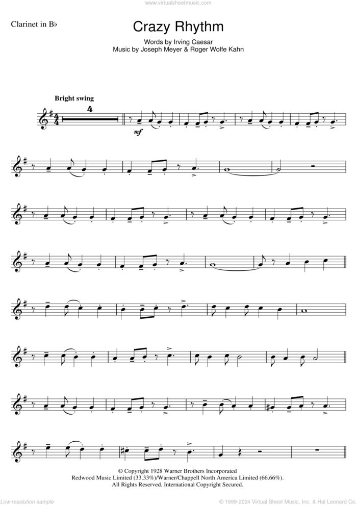 Crazy Rhythm sheet music for clarinet solo by Chet Baker, Irving Caesar, Joseph Meyer and Roger Wolfe Kahn, intermediate skill level