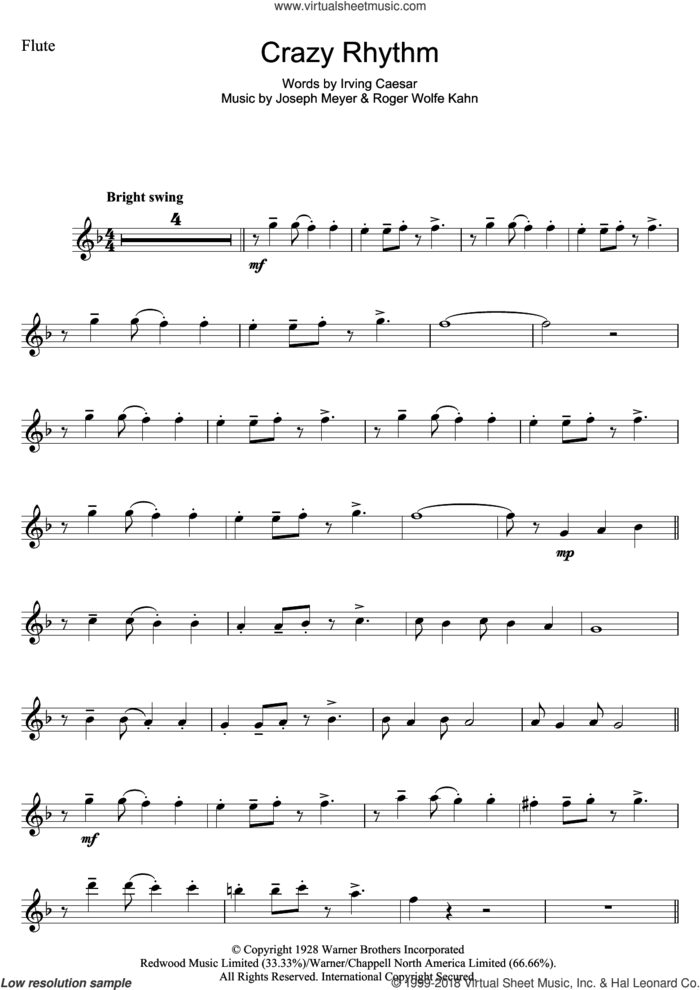 Crazy Rhythm sheet music for flute solo by Chet Baker, Irving Caesar, Joseph Meyer and Roger Wolfe Kahn, intermediate skill level