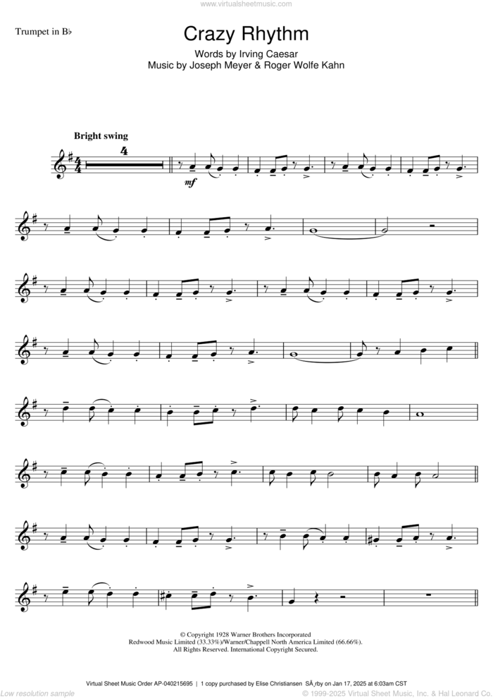 Crazy Rhythm sheet music for trumpet solo by Chet Baker, Irving Caesar, Joseph Meyer and Roger Wolfe Kahn, intermediate skill level