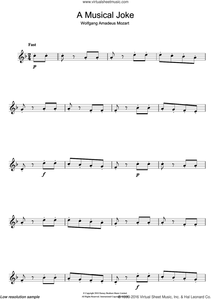 A Musical Joke sheet music for clarinet solo by Wolfgang Amadeus Mozart, classical score, intermediate skill level