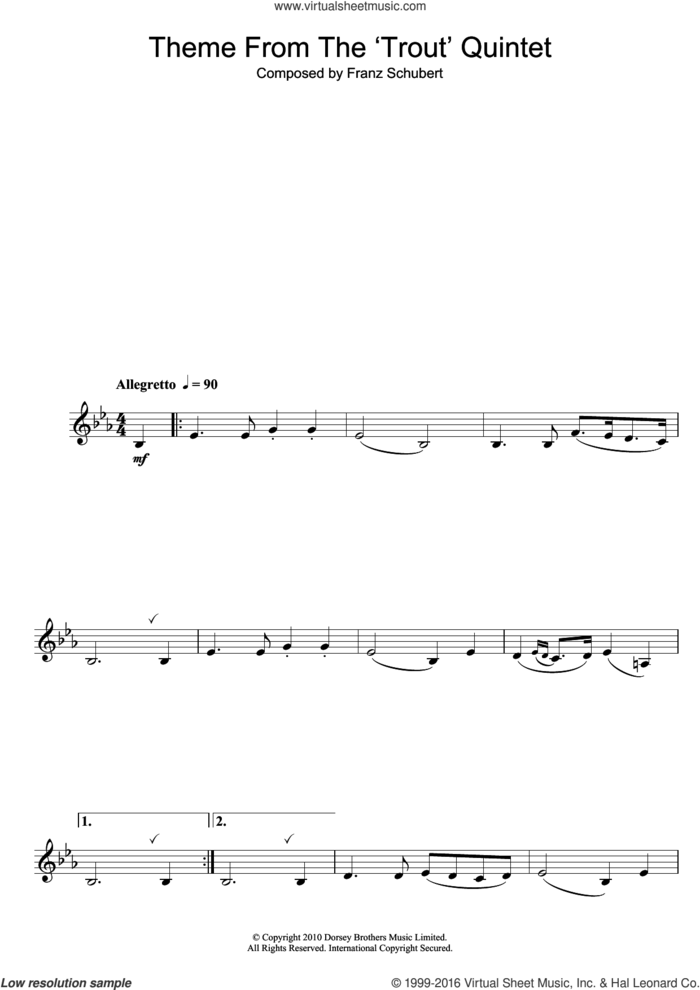 Theme From The Trout Quintet (Die Forelle) sheet music for saxophone solo by Franz Schubert, classical score, intermediate skill level