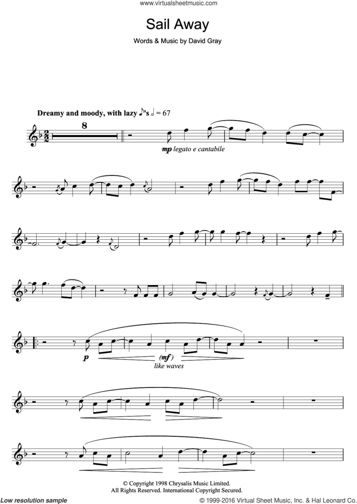 Sail Away sheet music for clarinet solo by David Gray, intermediate skill level