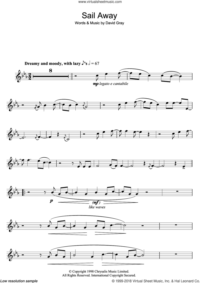 Sail Away sheet music for flute solo by David Gray, intermediate skill level