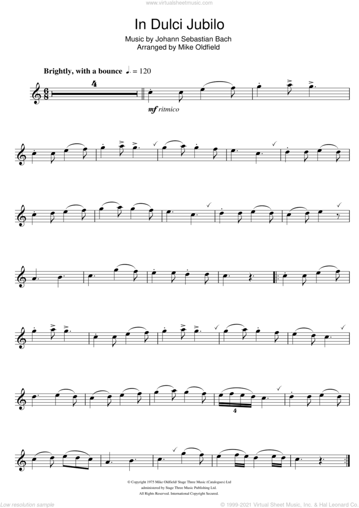 In Dulci Jubilo sheet music for flute solo by Mike Oldfield and Johann Sebastian Bach, intermediate skill level