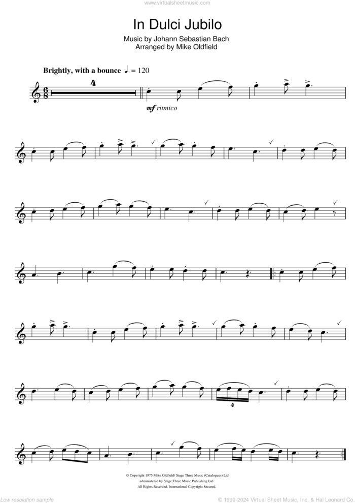 In Dulci Jubilo sheet music for flute solo by Mike Oldfield and Johann Sebastian Bach, intermediate skill level