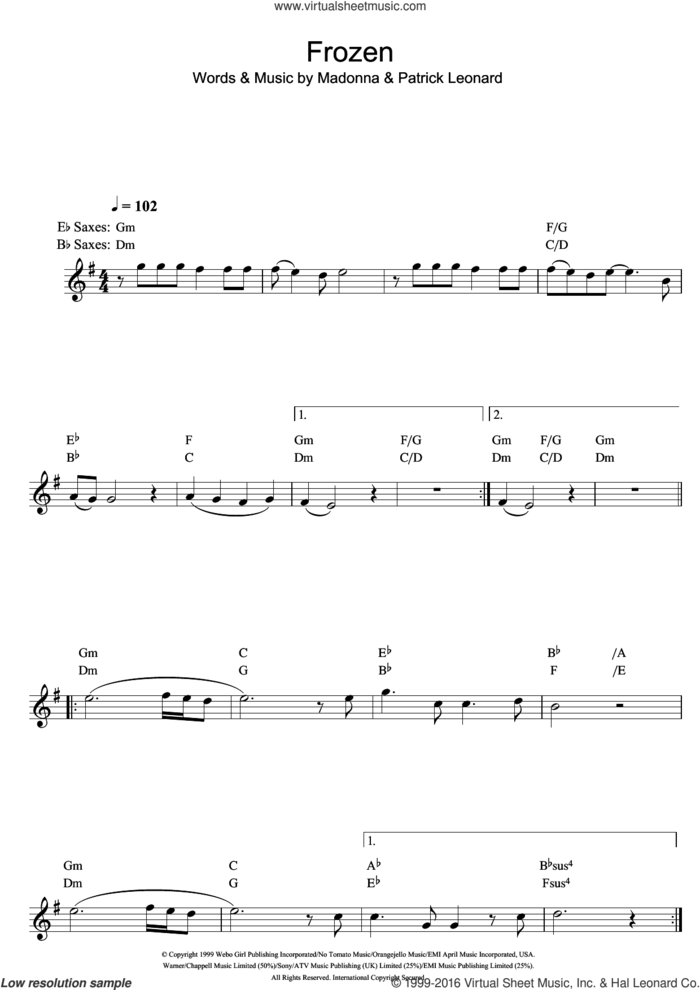 Frozen sheet music for saxophone solo by Madonna and Patrick Leonard, intermediate skill level