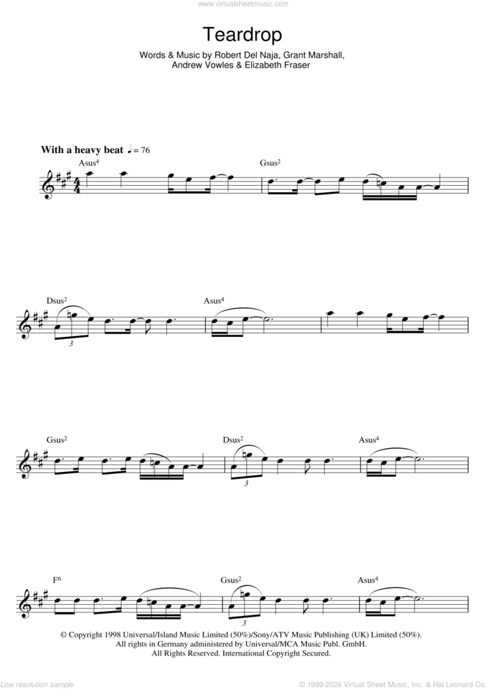 Teardrop sheet music for flute solo by Massive Attack, Andrew Vowles, Elizabeth Fraser, Grant Marshall and Robert Del Naja, intermediate skill level