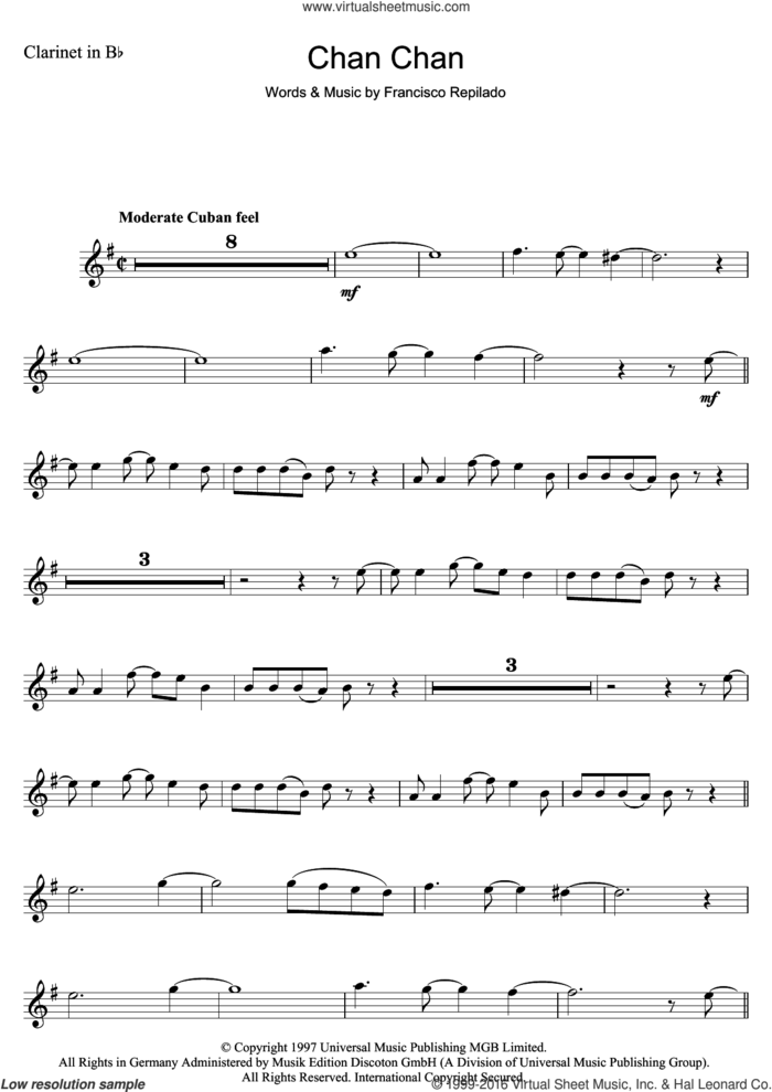 Chan Chan sheet music for clarinet solo by Francisco Repilado, intermediate skill level