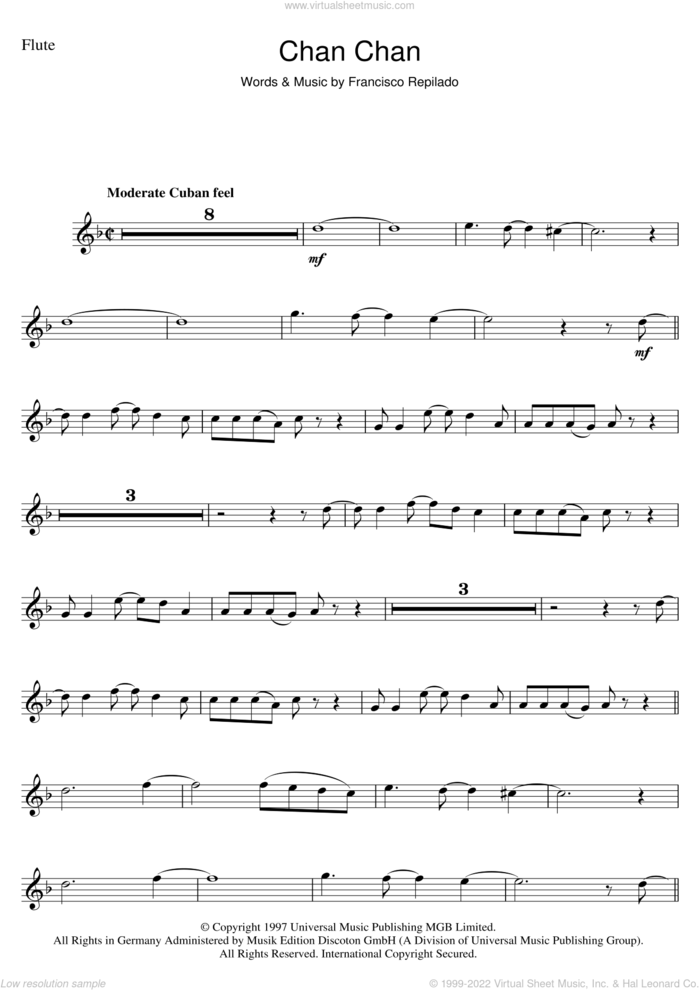 Chan Chan sheet music for flute solo by Francisco Repilado, intermediate skill level