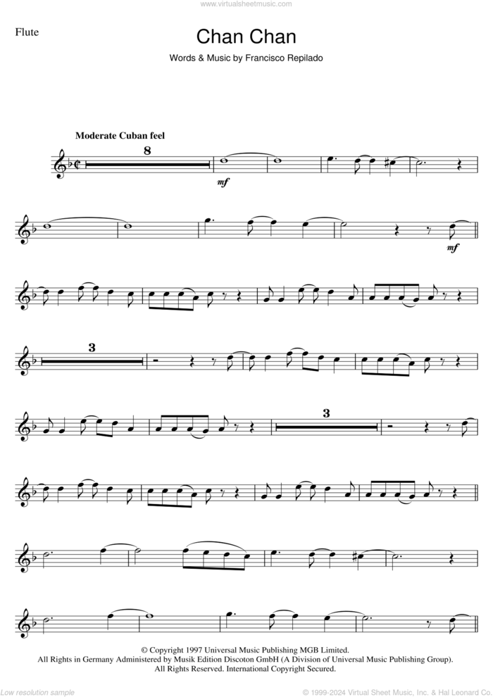 Chan Chan sheet music for flute solo by Francisco Repilado, intermediate skill level