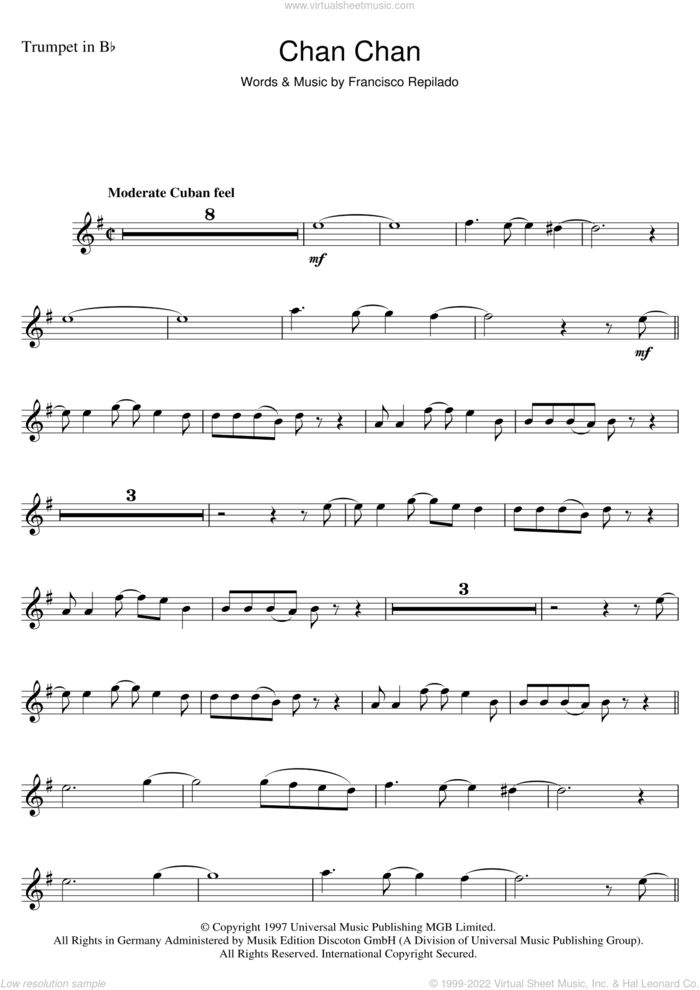 Chan Chan sheet music for trumpet solo by Francisco Repilado, intermediate skill level