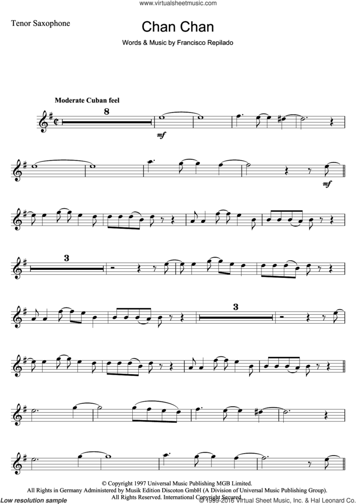 Chan Chan sheet music for tenor saxophone solo by Francisco Repilado, intermediate skill level