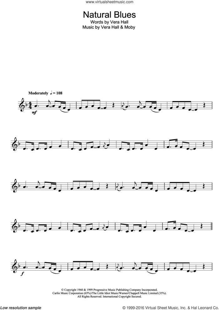 Natural Blues sheet music for clarinet solo by Moby and Vera Hall, intermediate skill level