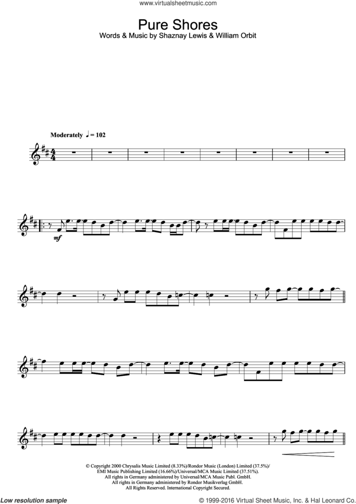 Pure Shores sheet music for clarinet solo by All Saints, Shaznay Lewis and William Orbit, intermediate skill level