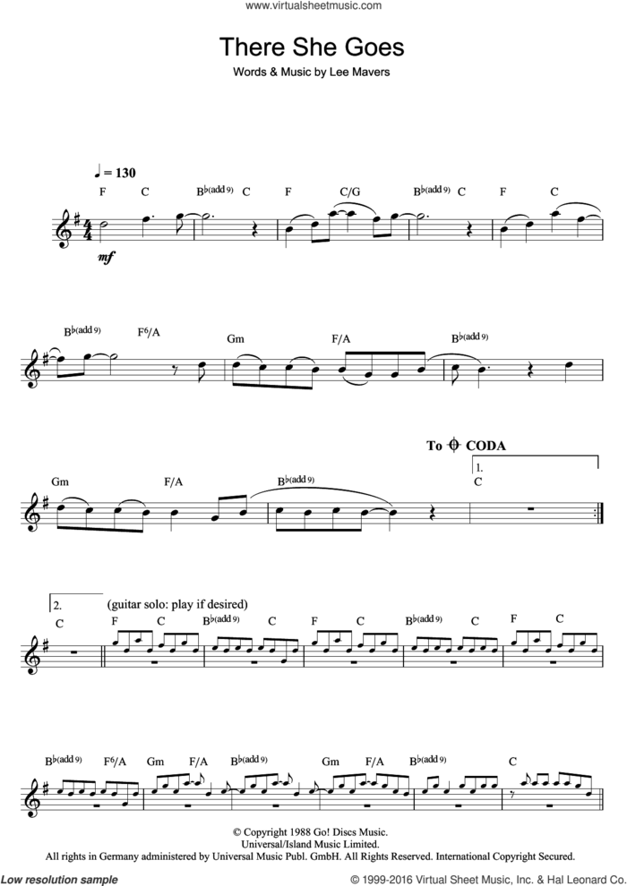 There She Goes sheet music for clarinet solo by The La's and Lee Mavers, intermediate skill level