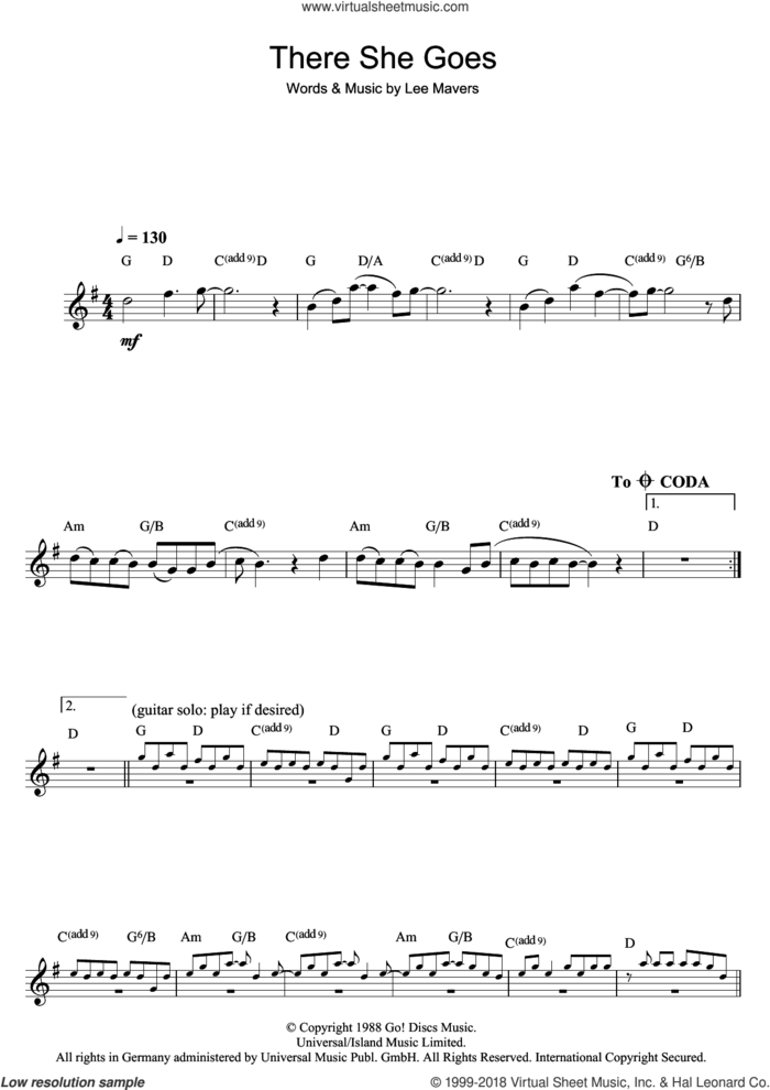 There She Goes sheet music for flute solo by The La's and Lee Mavers, intermediate skill level