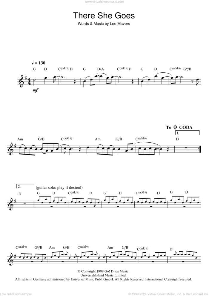 There She Goes sheet music for flute solo by The La's and Lee Mavers, intermediate skill level